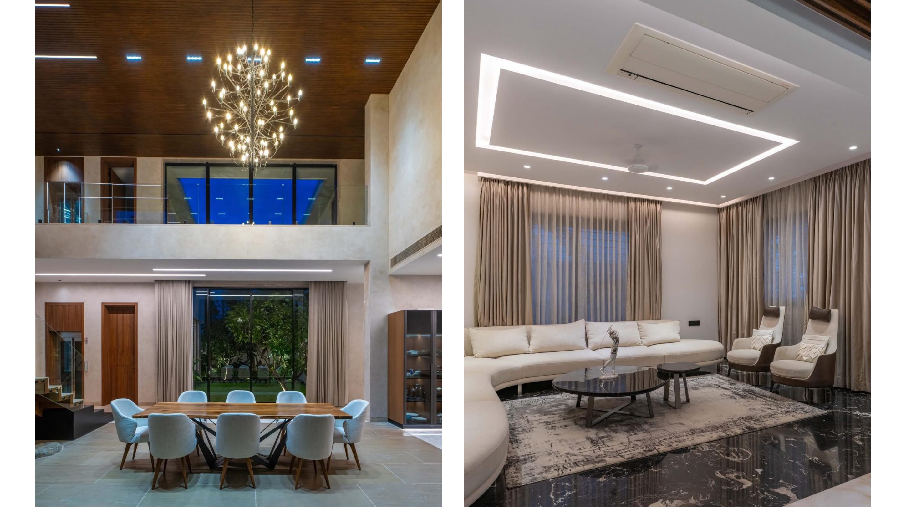 Haven — double-height dining with sculptural chandelier