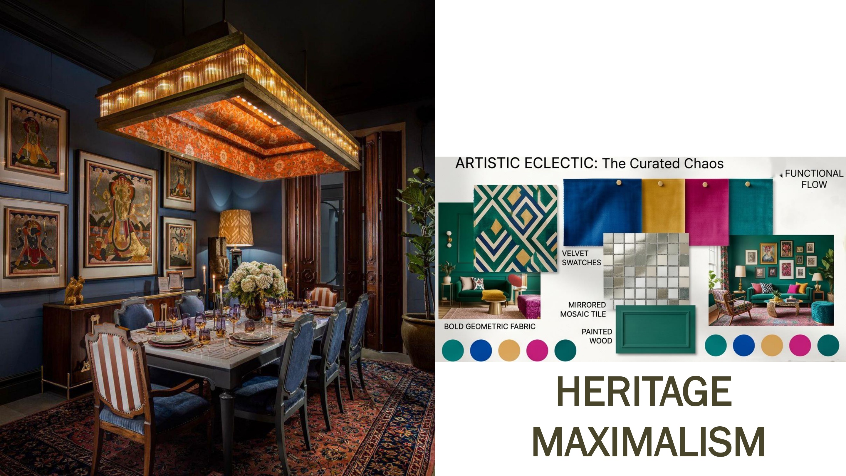 Unique Projects — heritage maximalism dining room with gold chandelier and Indian artwork