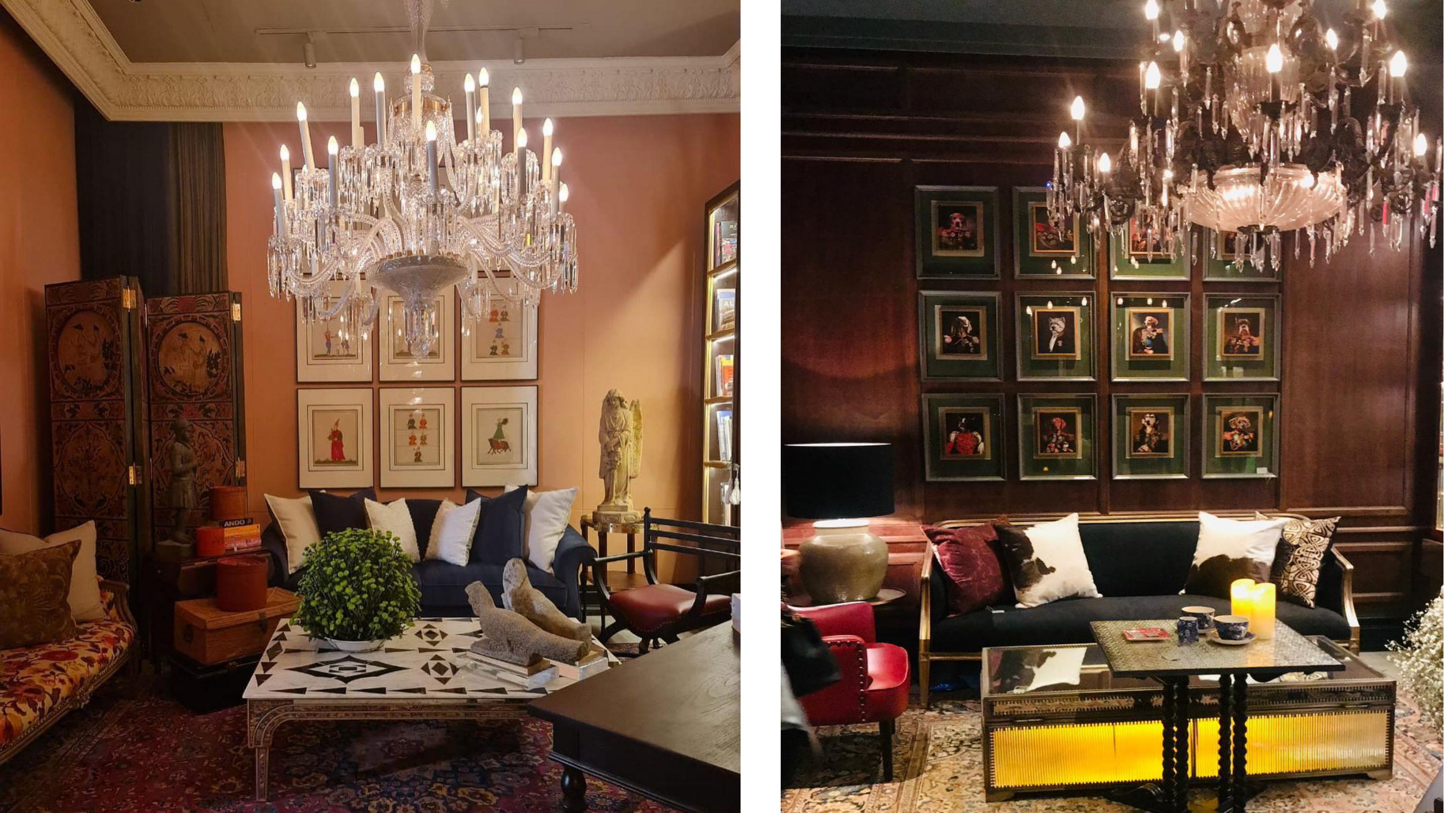 Heritage Maximalism — richly layered salons with crystal chandeliers, framed gallery walls and antique screens
